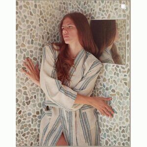 Mizar & Alcor Robe Turquoise Stripes Unisex Pocket No Belt Linen Blend Handwoven